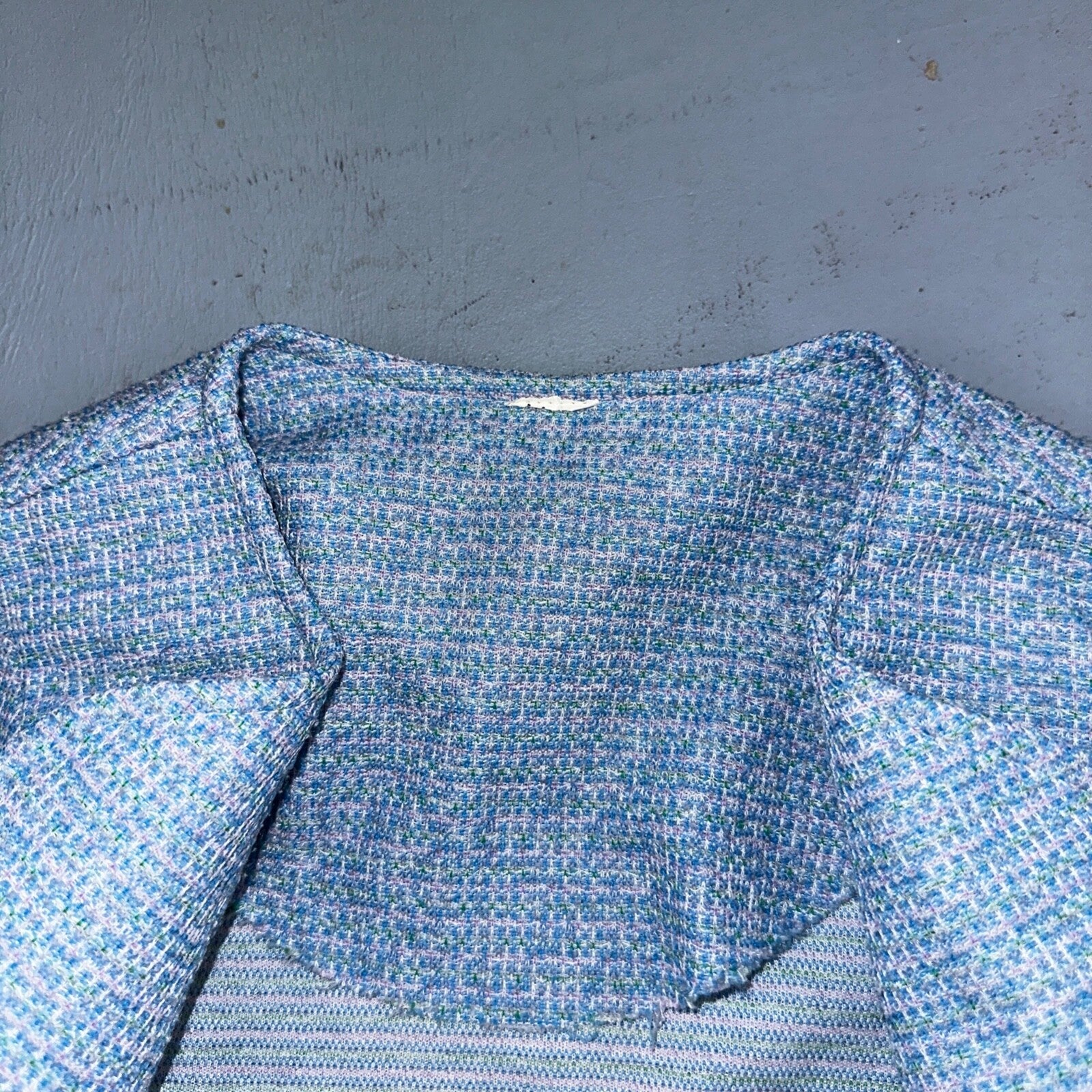 Vtg 70s Blazer Womens Blue Wool Houndstooth Knit Collar Luxury Office USA
