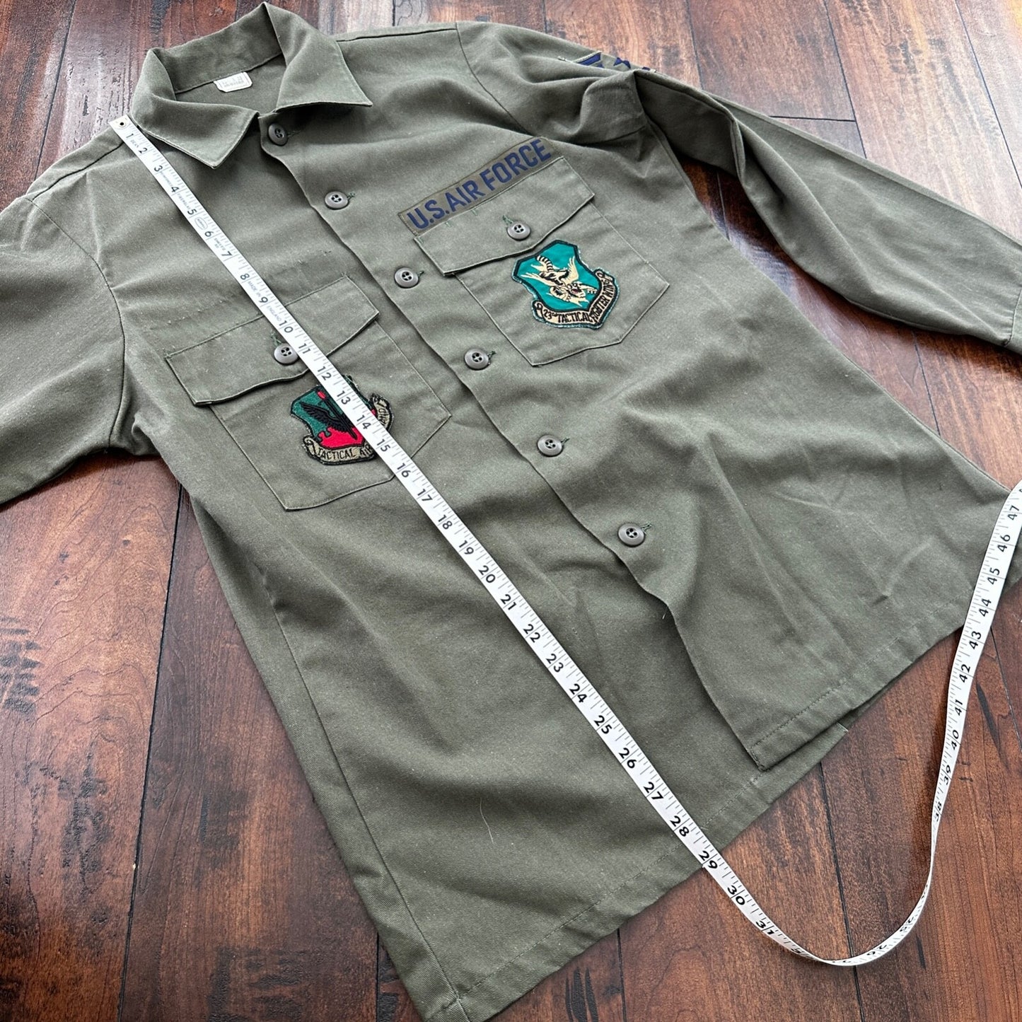 VTG US Military Shirt Mens 15.5 Green OG 507 Utility Patches Jacket 1980 USAF