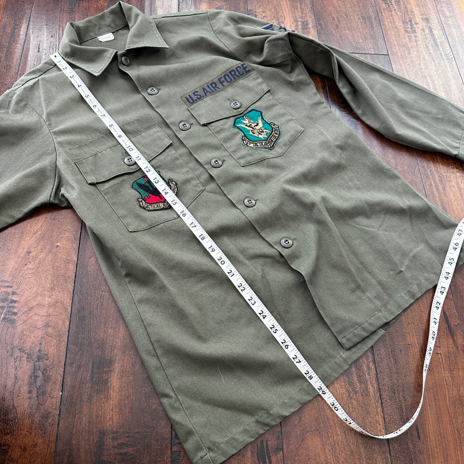 VTG US Military Shirt Mens 15.5 Green OG 507 Utility Patches Jacket 1980 USAF