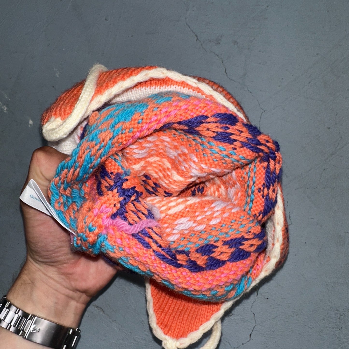 Vintage Snowy River Woolens Earflap Hat Orange Knit Ski Beanie USA Made Peach