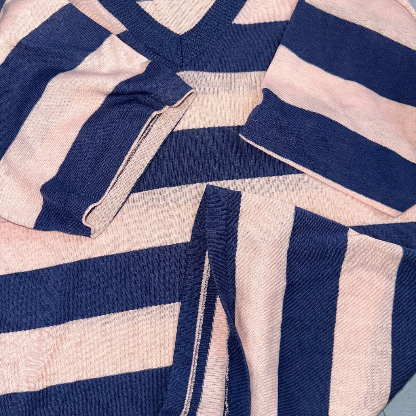 Blue Pink Rockabilly V Neck T Shirt 1970s Striped Basic Essential Single Stitch