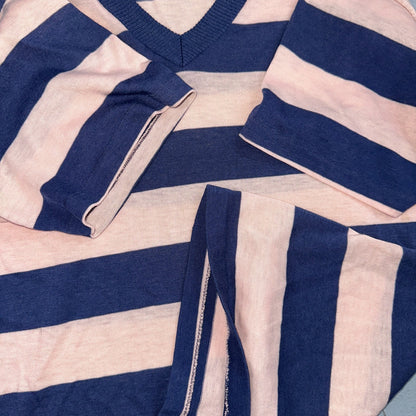 Blue Pink Rockabilly V Neck T Shirt 1970s Striped Basic Essential Single Stitch