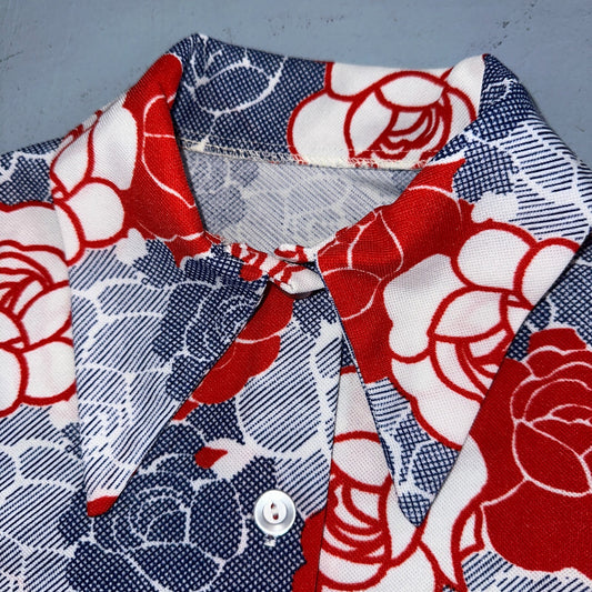 Vintage Handmade 70s Mod Short Sleeve Gray Floral Mock Neck Collar M Flowers