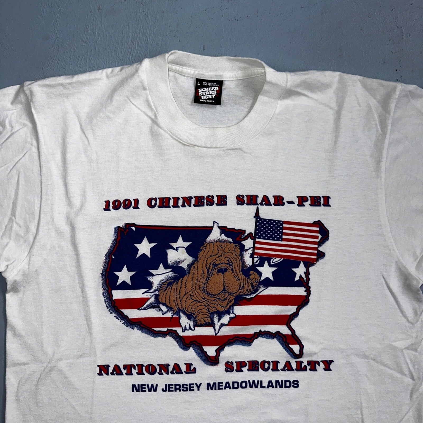 Chinese Shar Pei USA VTG T Shirt 1991 New Jersey Flag Animals Love Cute Dog