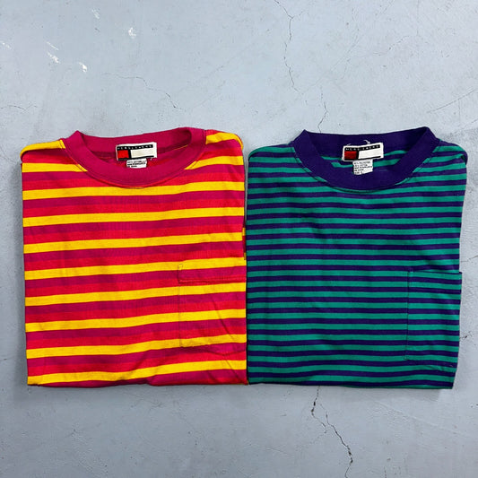Striped Lot of 2 Headliners VTG T Shirt 90s Green Blue Pink Yellow Fun Large