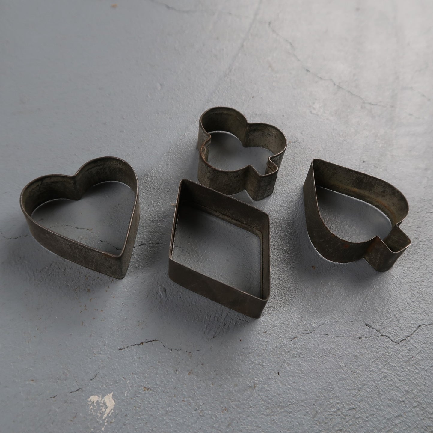 4 Vintage Metal Cookie Cutters Heart Diamond Club Spade Shapes Playing Card Suit