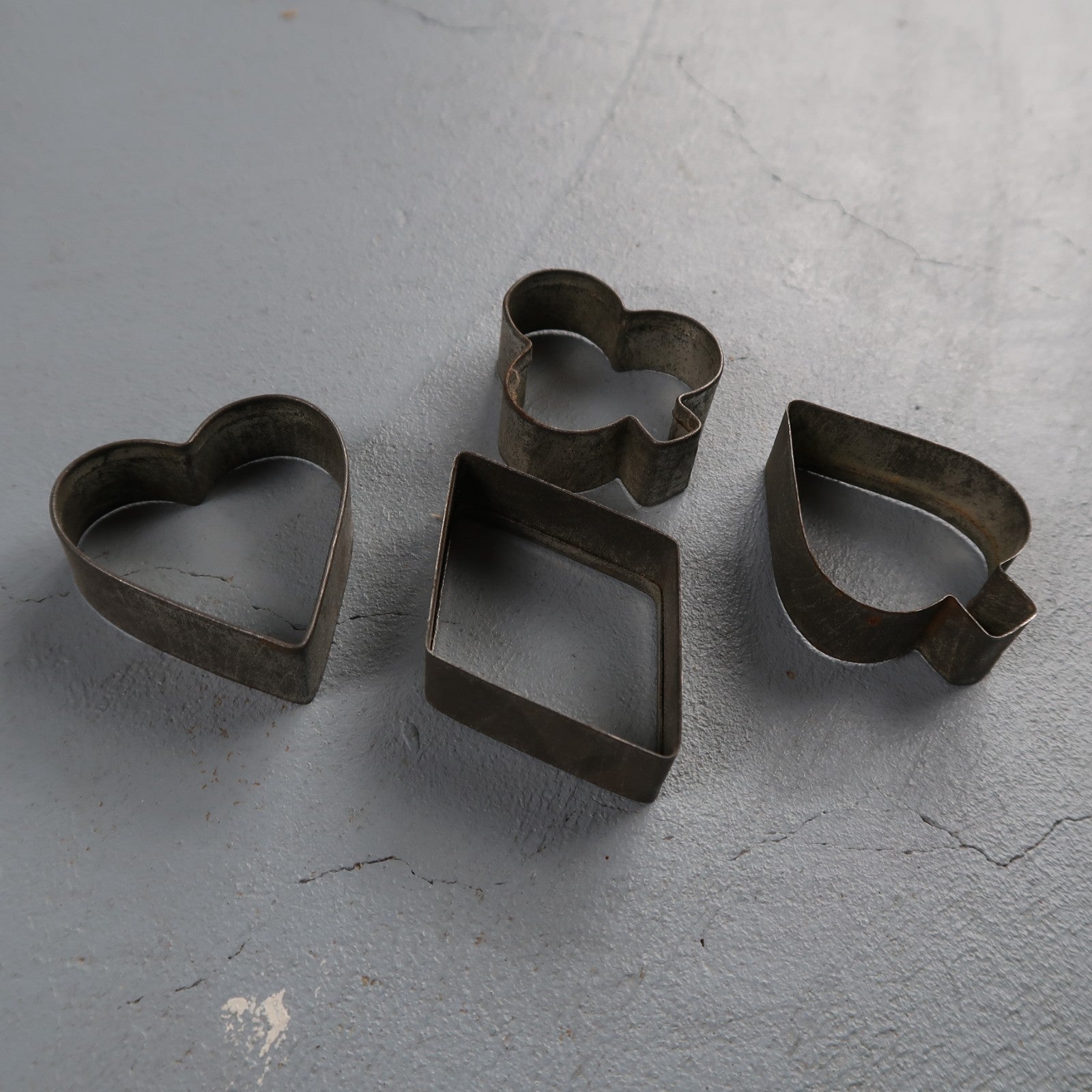 4 Vintage Metal Cookie Cutters Heart Diamond Club Spade Shapes Playing Card Suit