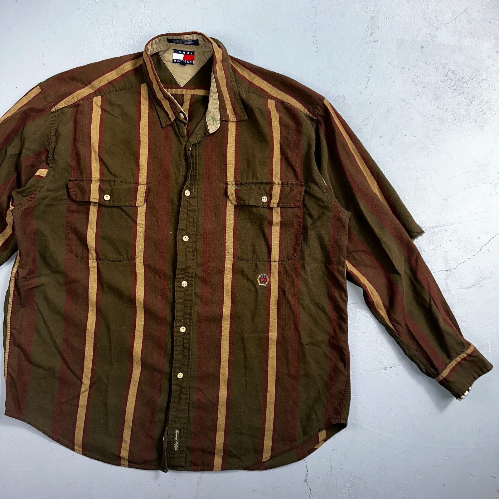 Tommy Hilfiger Mens Striped Shirt Vintage 90s Crest & Long Sleeves XL Has Holes