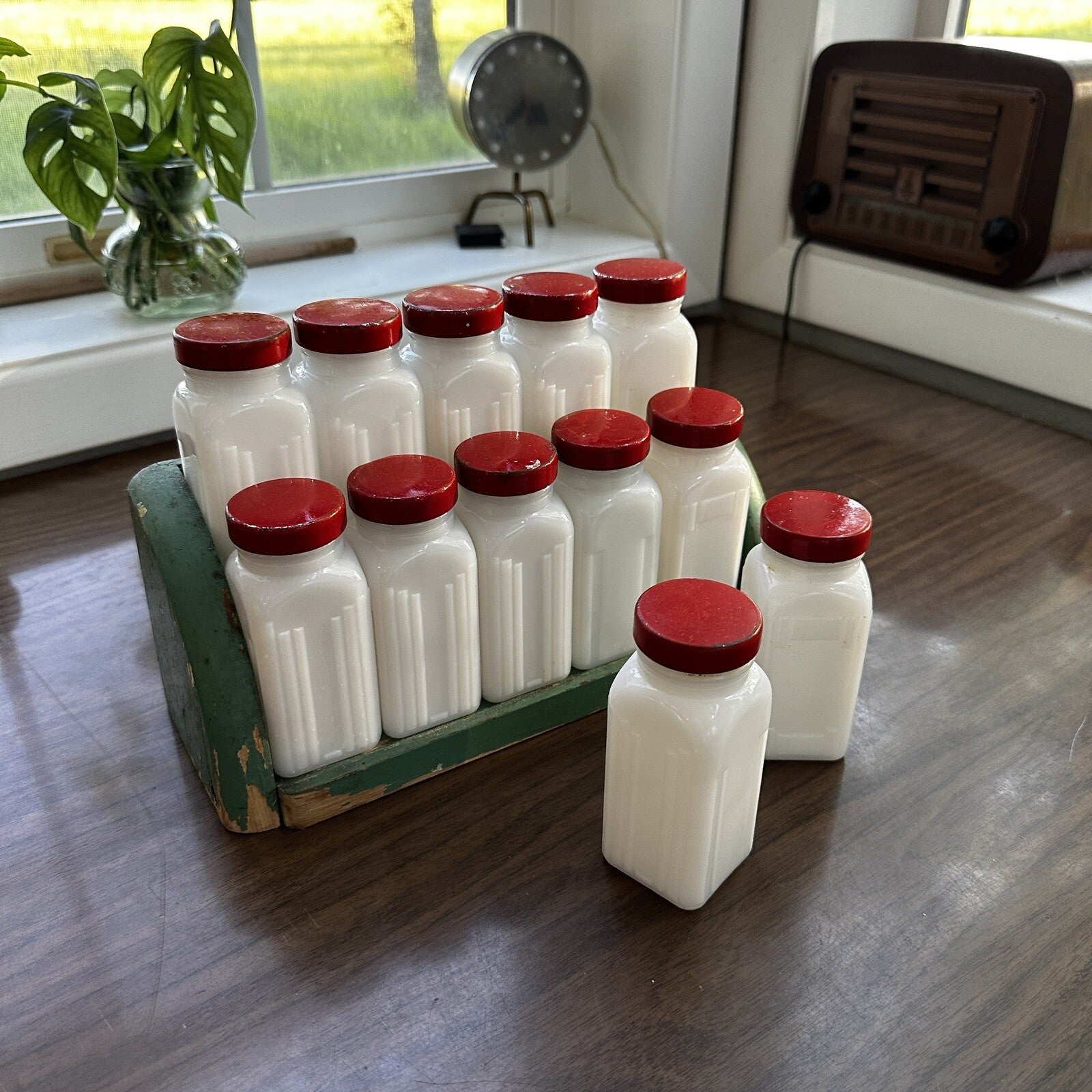 Griffith Milk Glass Spice Jar Set with Wooden Rack USA 1930s Art Deco 12 Pc