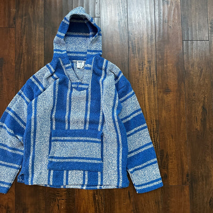VTG Mexican Poncho Baja Hoodie Surfer Skater Drug Rug Pullover Blue White L