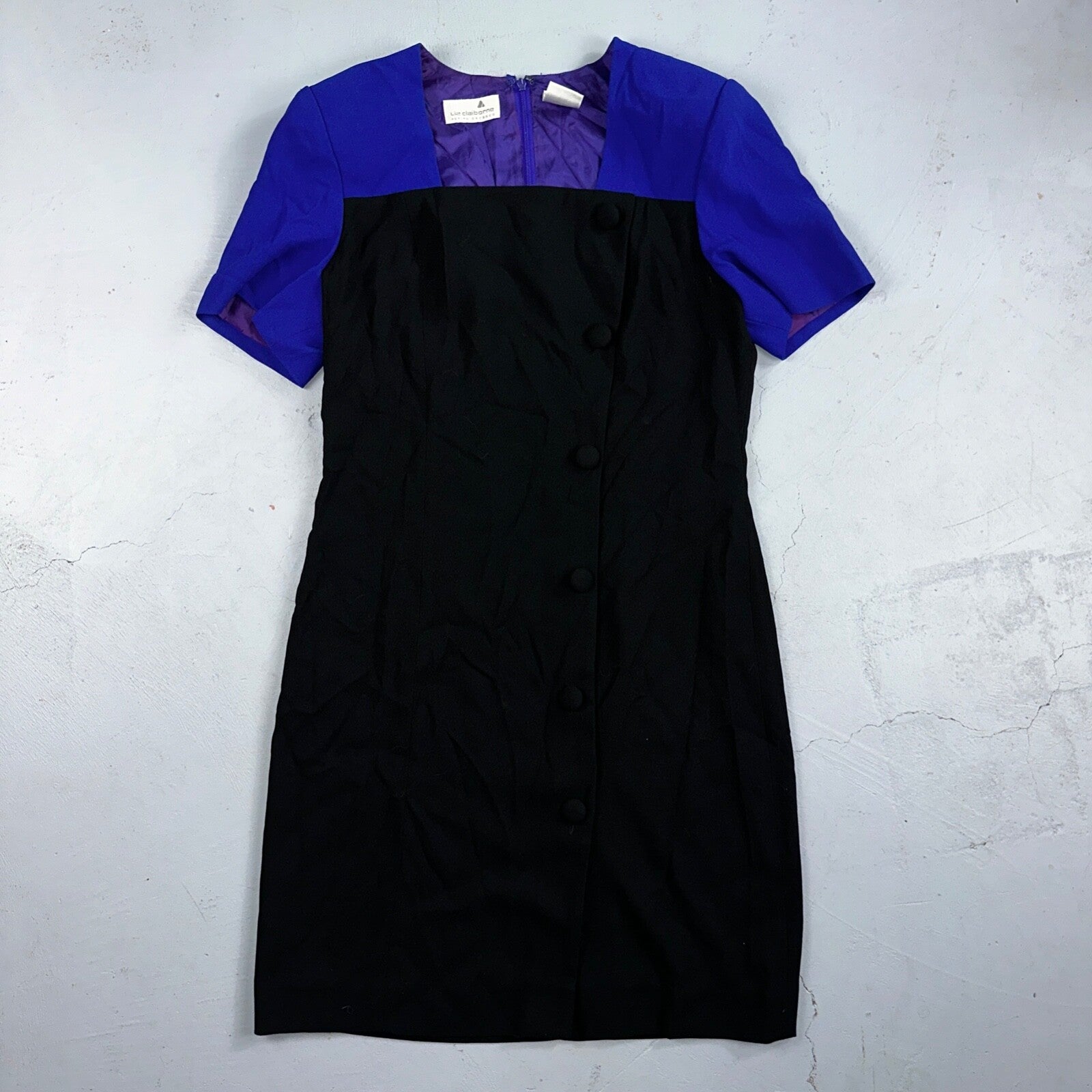 Liz Claiborne Petite 10 Black Blue Short Sleeve V Neck Stretch Sweater Dress VTG