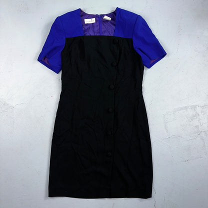 Liz Claiborne Petite 10 Black Blue Short Sleeve V Neck Stretch Sweater Dress VTG