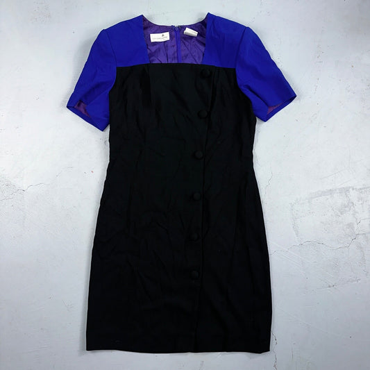 Liz Claiborne Petite 10 Black Blue Short Sleeve V Neck Stretch Sweater Dress VTG