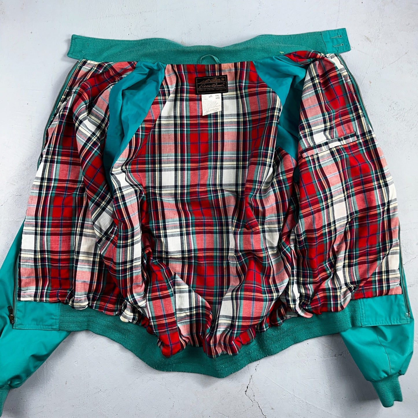 Vintage Eddie Bauer Spring Jacket Men's 2XL Teal Blue Turquoise Plaid Lined