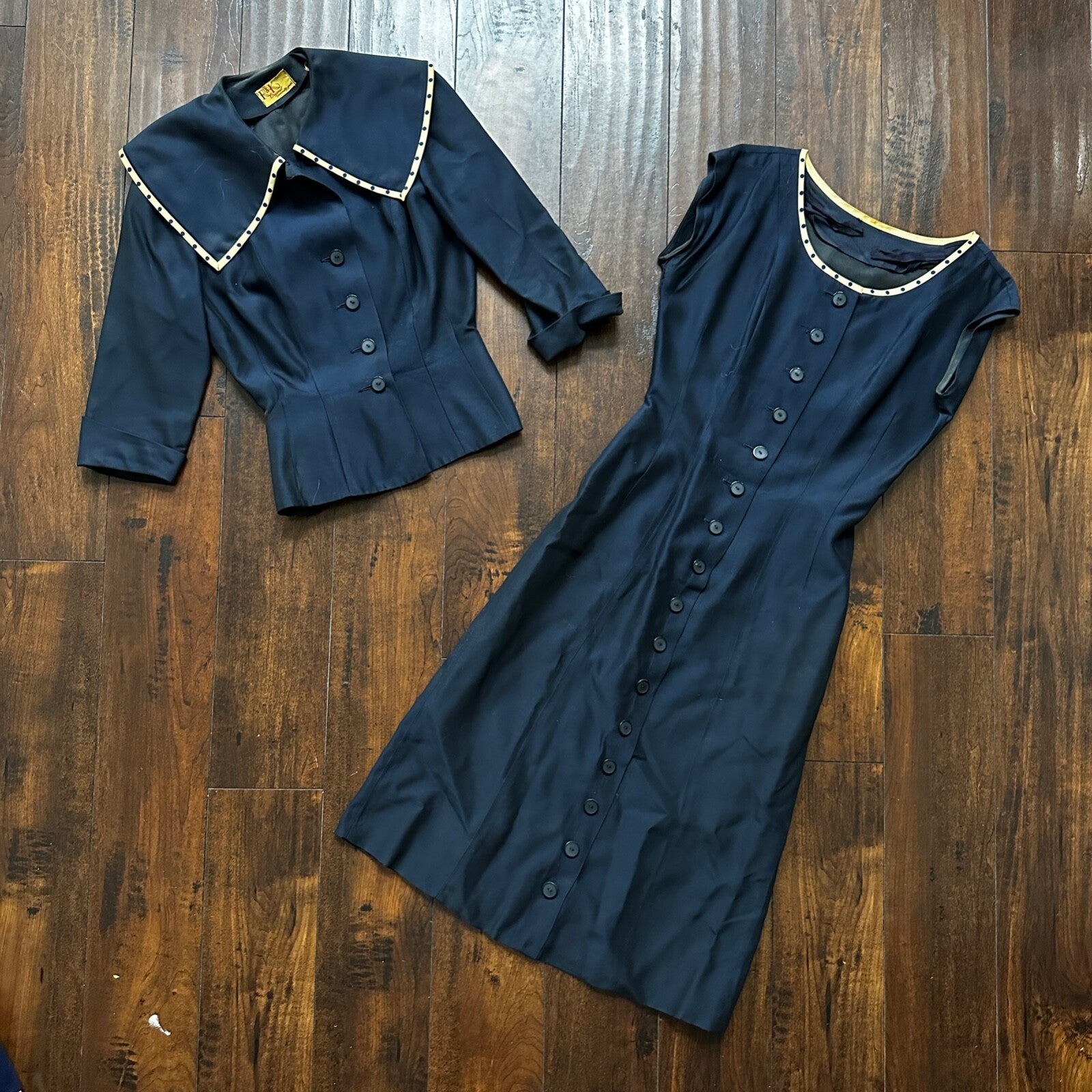 Real Vintage 1940s R & K Original Long Navy Top Button Down Dress Women's 40s