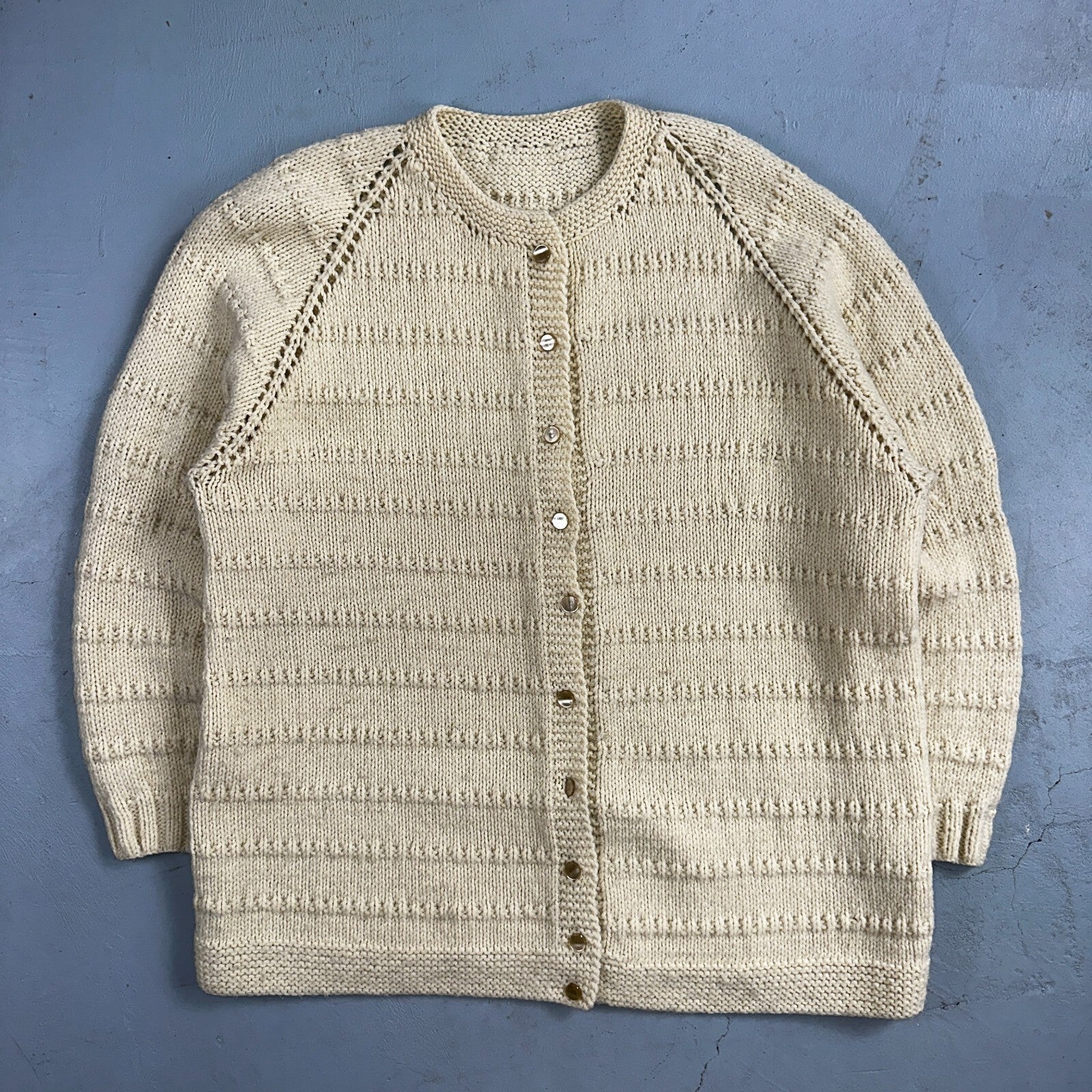 1970s VTG Sweater Cable Knit 70s 80s Ivory Off White Warm Grandma Core Button Up