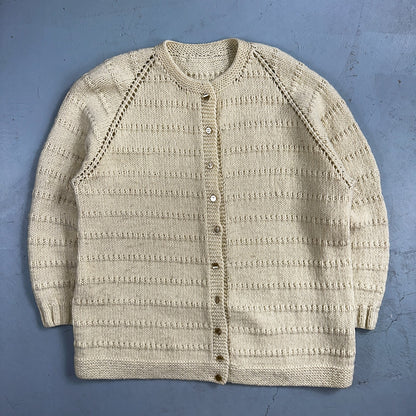 1970s VTG Sweater Cable Knit 70s 80s Ivory Off White Warm Grandma Core Button Up