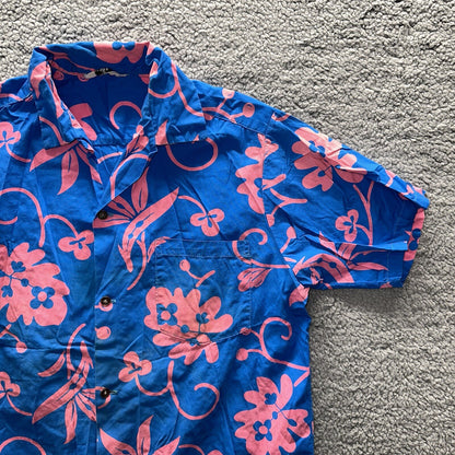Vintage 50s Hawaiian Aloha Print Shirt Rockabilly Honolulu 60s Button USA Pink