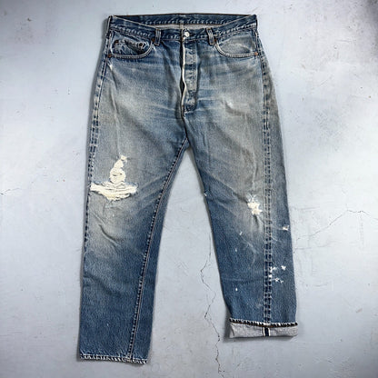 Levis 501 Vintage 80s Redline Selvedge USA XX Jeans Light Wash Worn Act 35x30