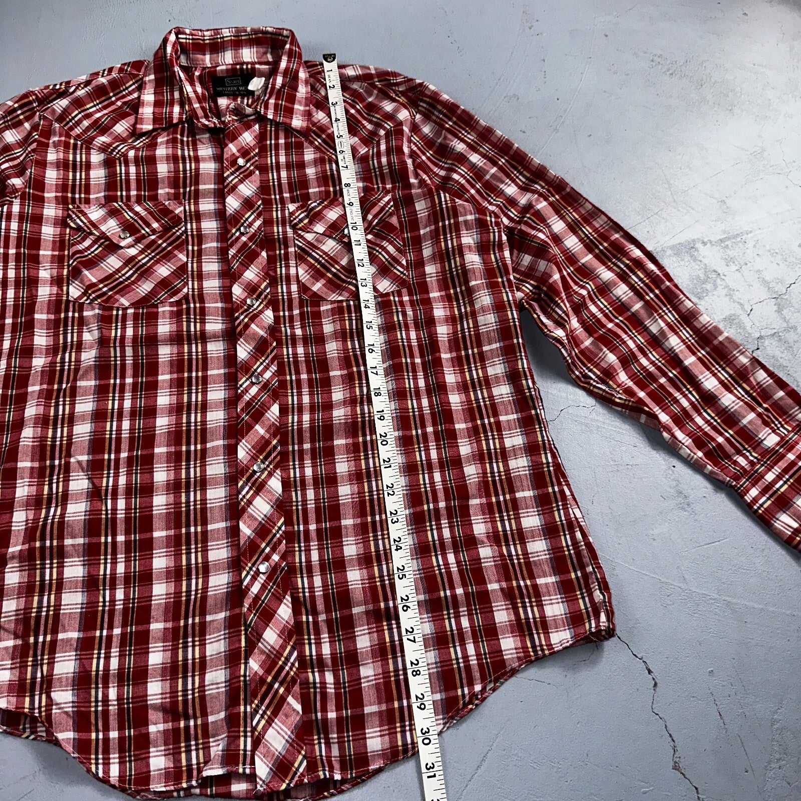 Sears VTG Western Wear L Plaid Ranch Rodeo Shirt Jacket Pearl Snap Red 16