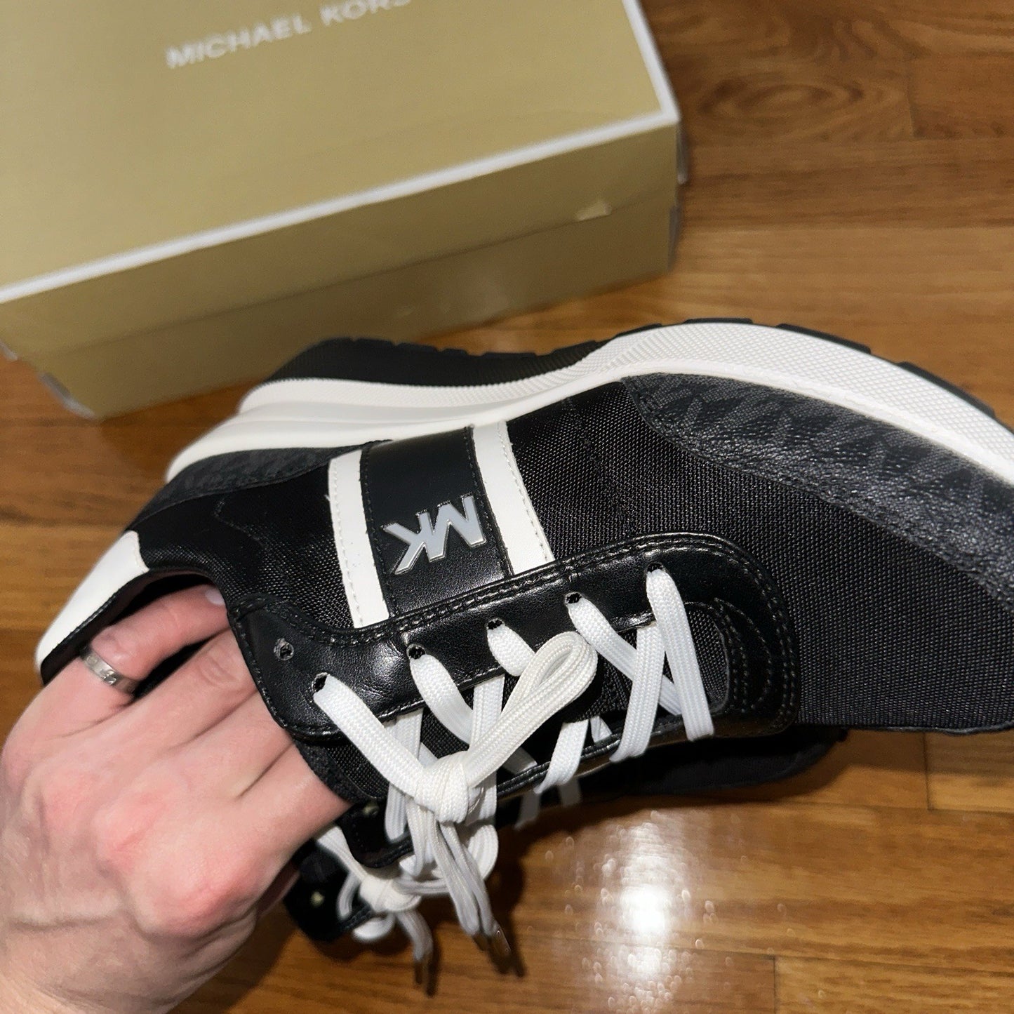 Size 7 Michael Kors Mabel Sneakers Coated MK Canvas Trainer Black MK Logo