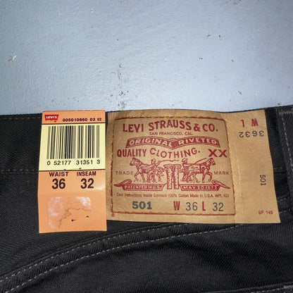 Levis 501 Deadstock Vintage 90s USA XX Straight Leg Jeans Black Dark Wash 36x32