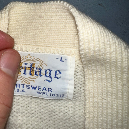 Vintage 70s Heritage Sweater Vest L Mens USA Crewneck Cream Cable Knit Fisherman