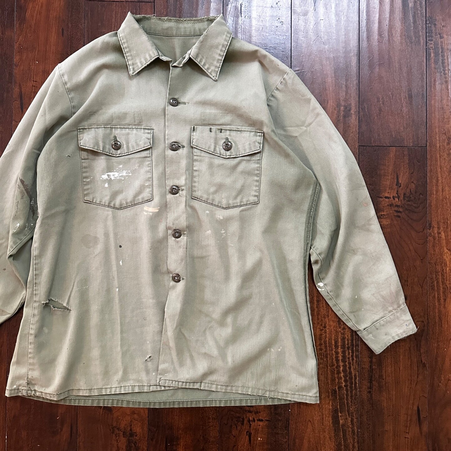 VTG US Thrashed Soft Military Shirt OG-107 Vietnam 1970s 1960s Post WWII