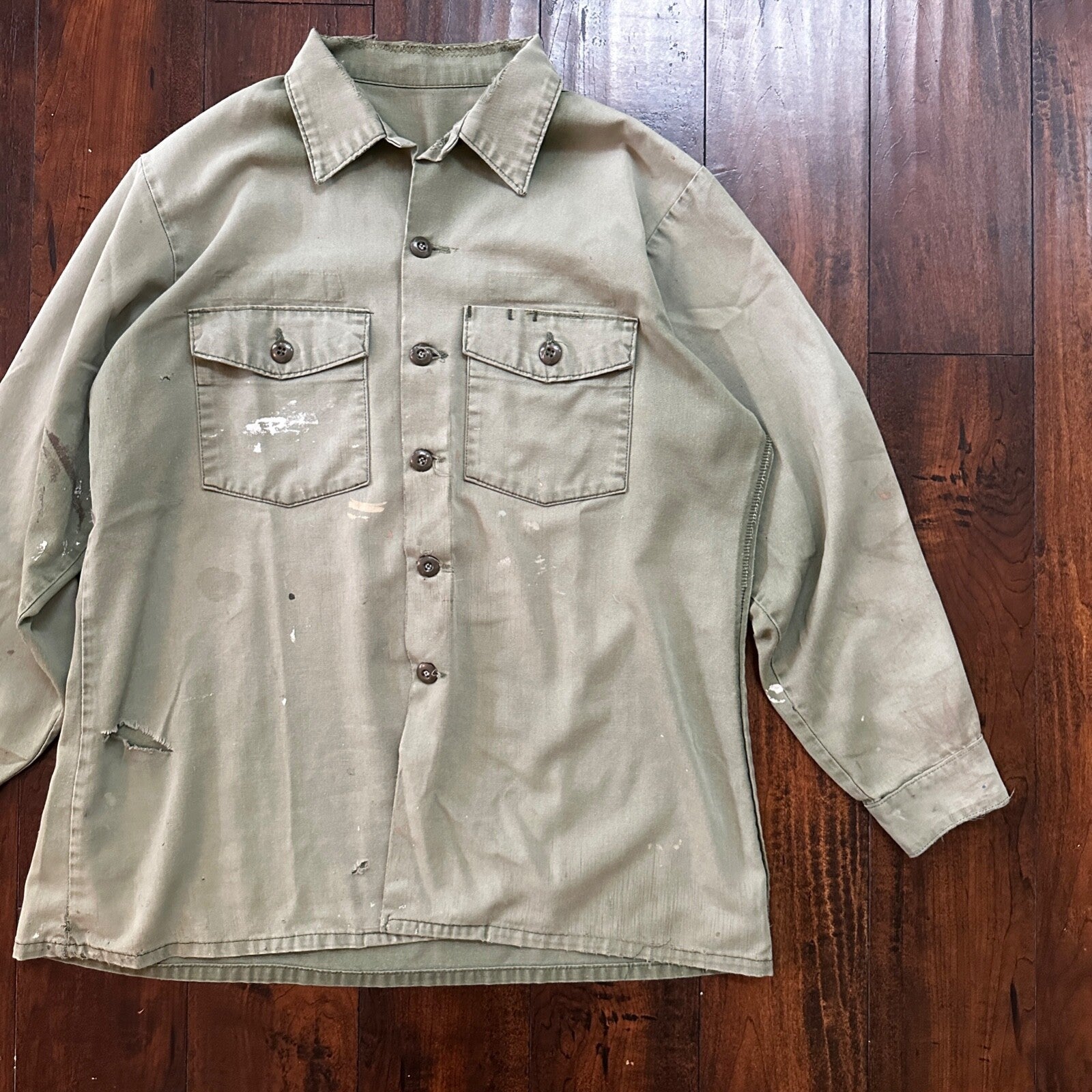 VTG US Thrashed Soft Military Shirt OG-107 Vietnam 1970s 1960s Post WWII