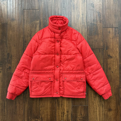 Vintage 60s Red Down Insulated Quilted Puffer Jacket M 1960s 70s Rockabilly