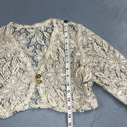 Womens Beige Open Knit Cardigan Sweater Jumper Pullover Size S Lace Crop Top 80s
