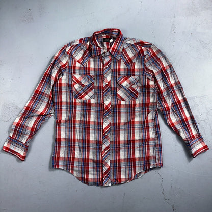 Sears VTG Western Wear L Plaid Ranch Rodeo Shirt Jacket Pearl Snap Red 16