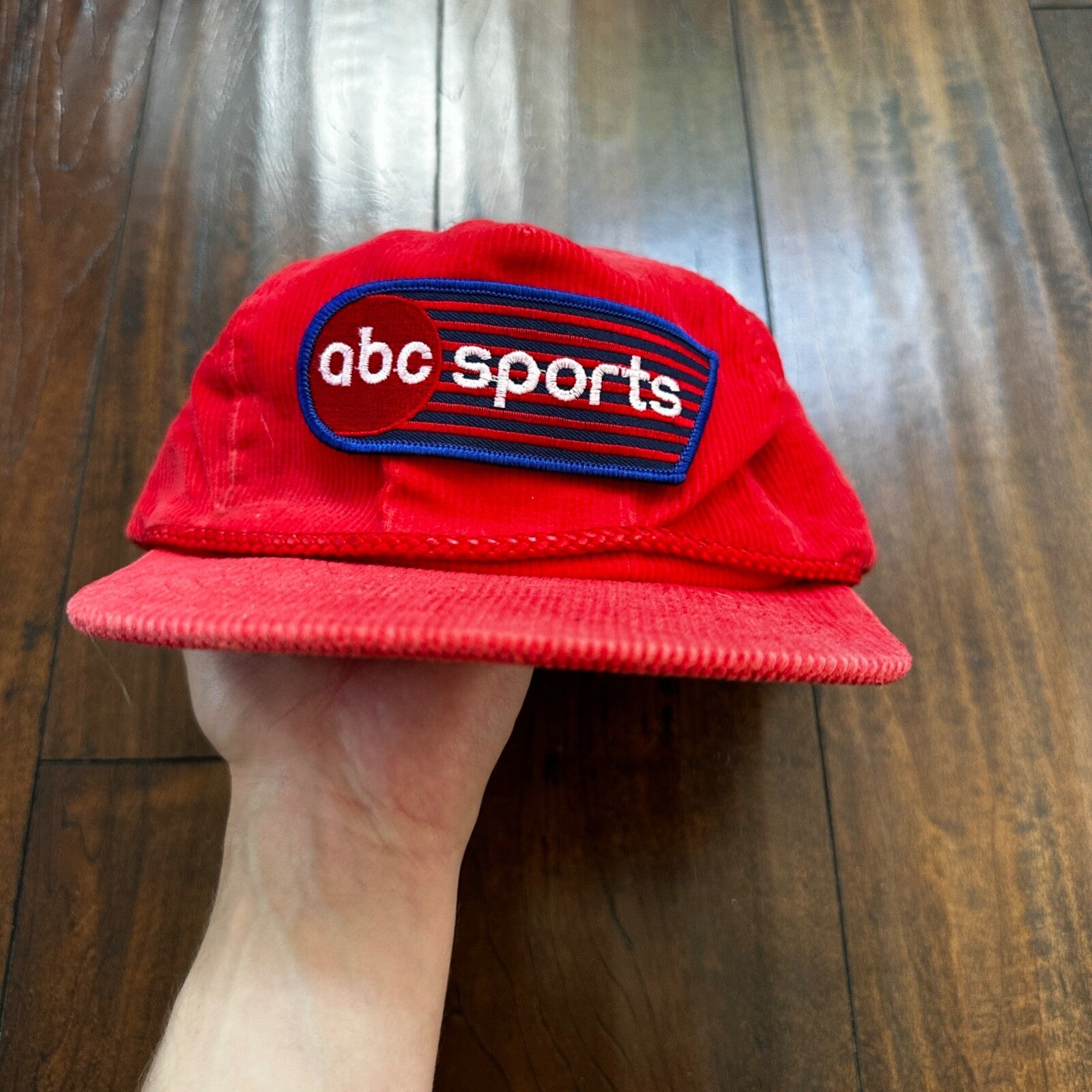 ABC Sports Corduroy Red VTG Hat Cap Snapback 80s TV Television Basketball