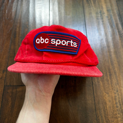 ABC Sports Corduroy Red VTG Hat Cap Snapback 80s TV Television Basketball