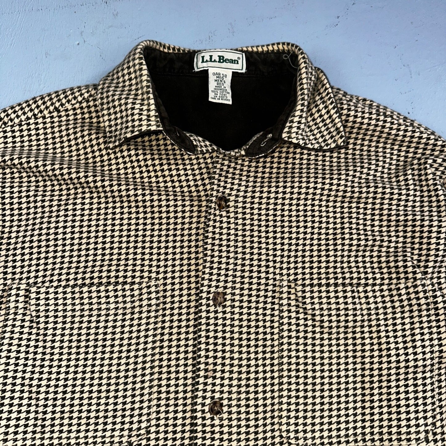 LL Bean VTG SOFT Flannel Shirt Size M Mens Cream Houndstooth Long Sleeve Button
