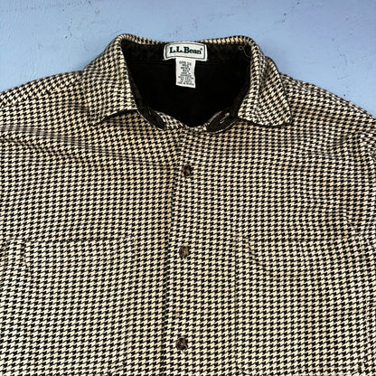 LL Bean VTG SOFT Flannel Shirt Size M Mens Cream Houndstooth Long Sleeve Button