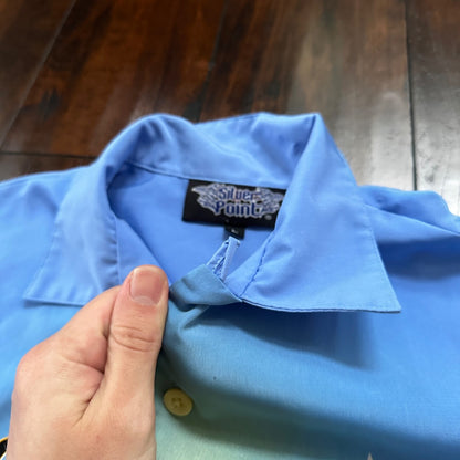 VTG Y2K Silver Point Blue Tribal Button Down Shirt Size L 1980s Ricky Trailer