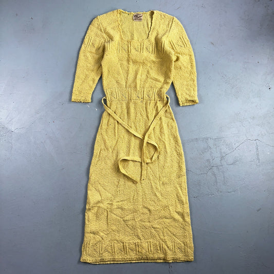 Vintage 50s Snyderknit Yellow Knit Dress Hand Loomed Boho Cottagecore Hawaiian