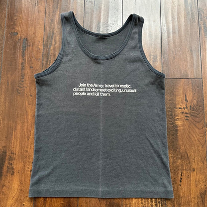 Join The Army RARE Vintage T Shirt 80s Tank Military Text Kill Humor USA Country