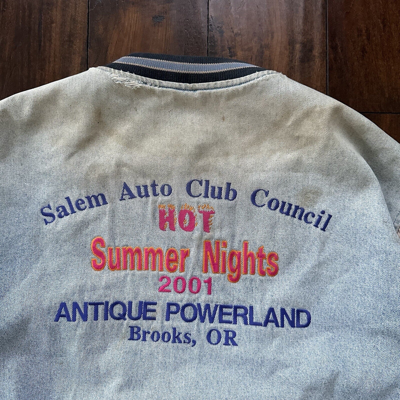 Vintage Oregon 90s Denim Varsity Jacket Bomber Salem Auto NASCAR Racing Thrashed