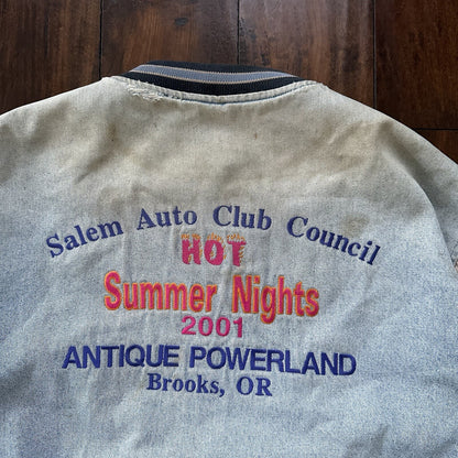 Vintage Oregon 90s Denim Varsity Jacket Bomber Salem Auto NASCAR Racing Thrashed