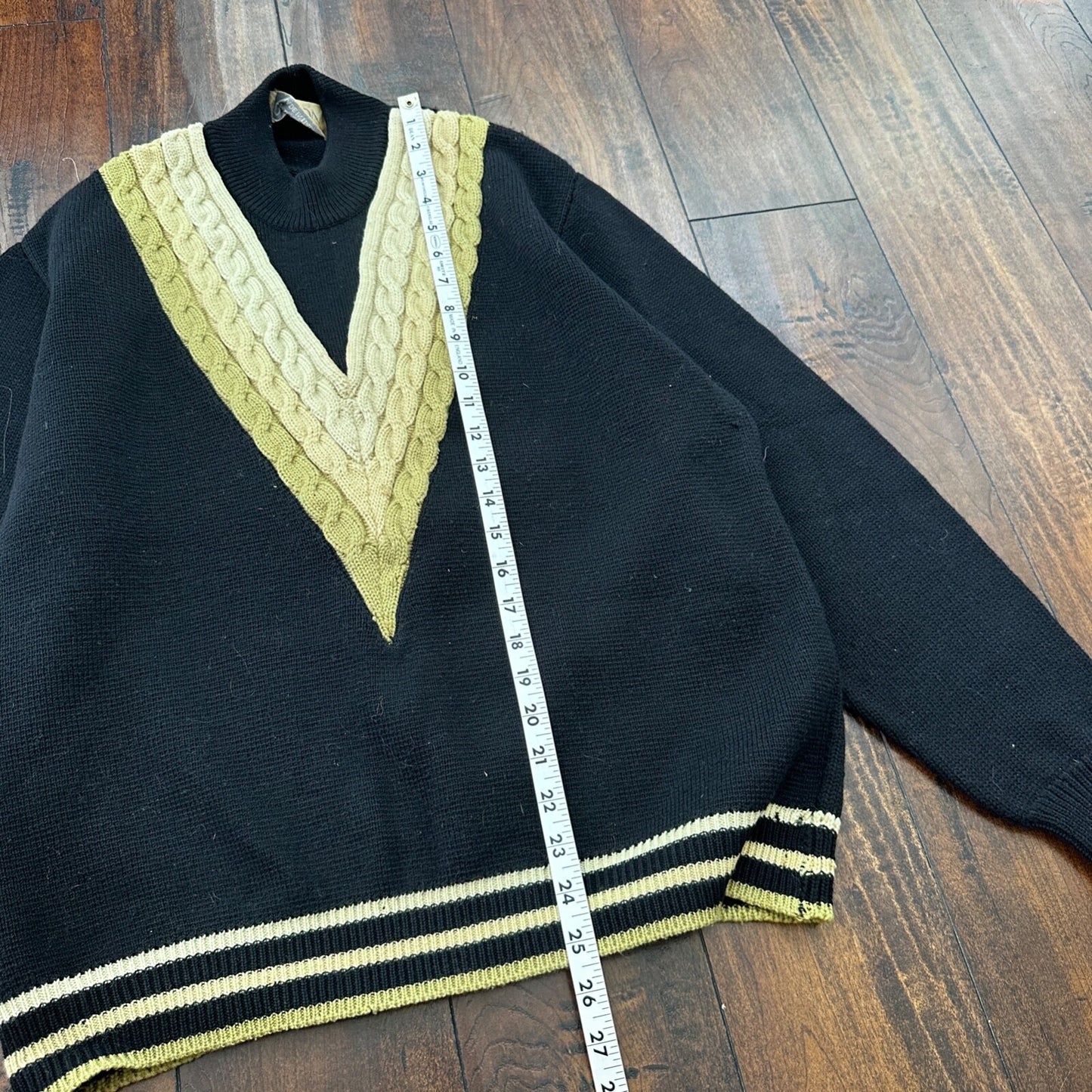 VTG Damon Sweater Mens L Black Gold Neck Wool Italy True 60s 70s RARE Stripe