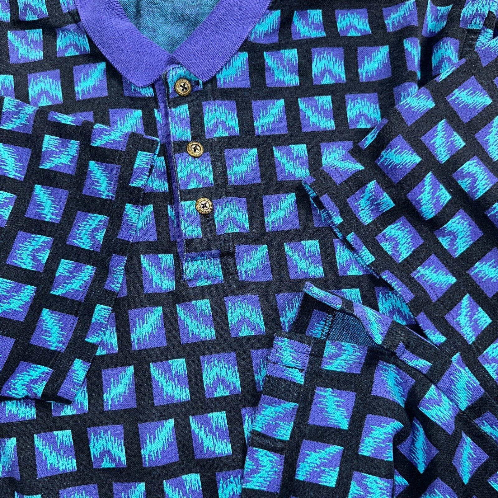 Carlyle VTG Short Sleeve Knit Polo Sz L Rockabilly Crazy Print Pattern Blue 70s