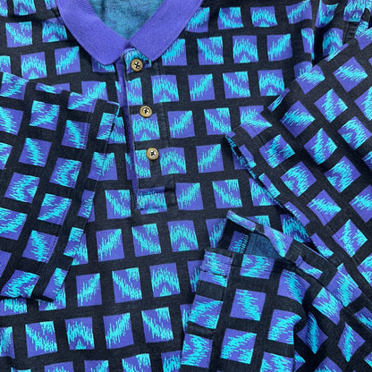 Carlyle VTG Short Sleeve Knit Polo Sz L Rockabilly Crazy Print Pattern Blue 70s