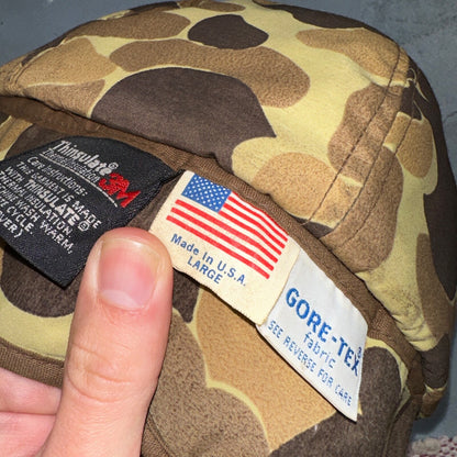 Goretex Duck Camo Hat w/ Earflaps Cap Dunn Large VTG Hunting Thinsulate 90s