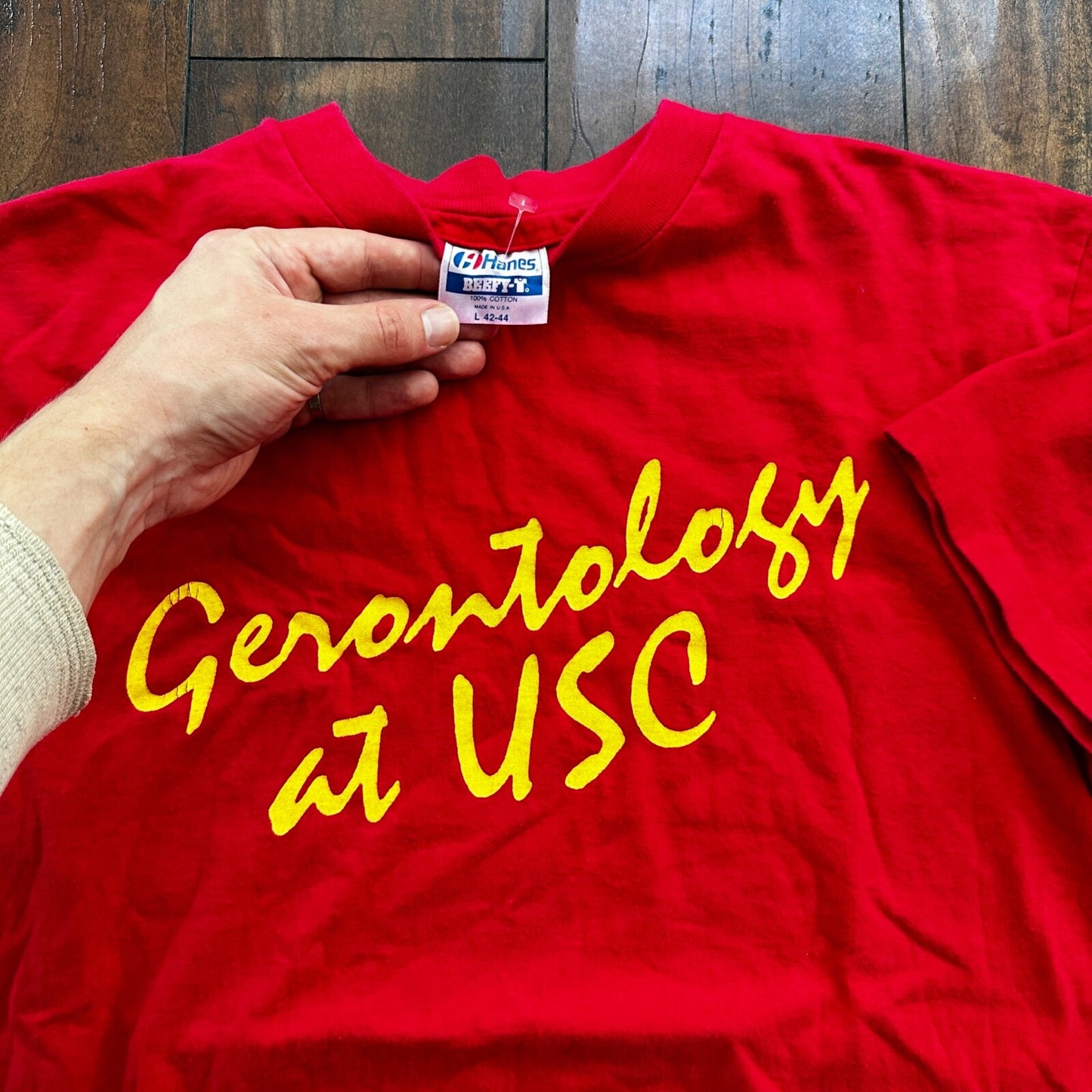 USC Gerontology Vintage T Shirt Hanes 80s Red College School Science Study Rap