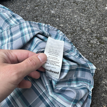 Patagonia Worn Wear Button Up Snap Shirt Short Sleeve Blue Gray Plaid Men Sz 2XL