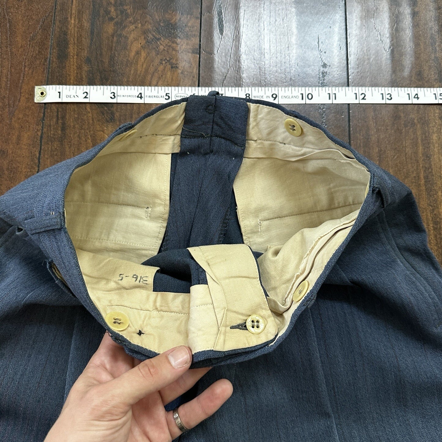 30s 40s 3 pc Pinstripe Blue Double Breasted Suit Belt Back Wool 34 26x31 Faded