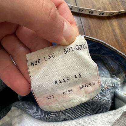 VTG 90s Levis 501 Button Fly 36x36 USA Tag Jeans Straight Wash Blue XX Act 32x31