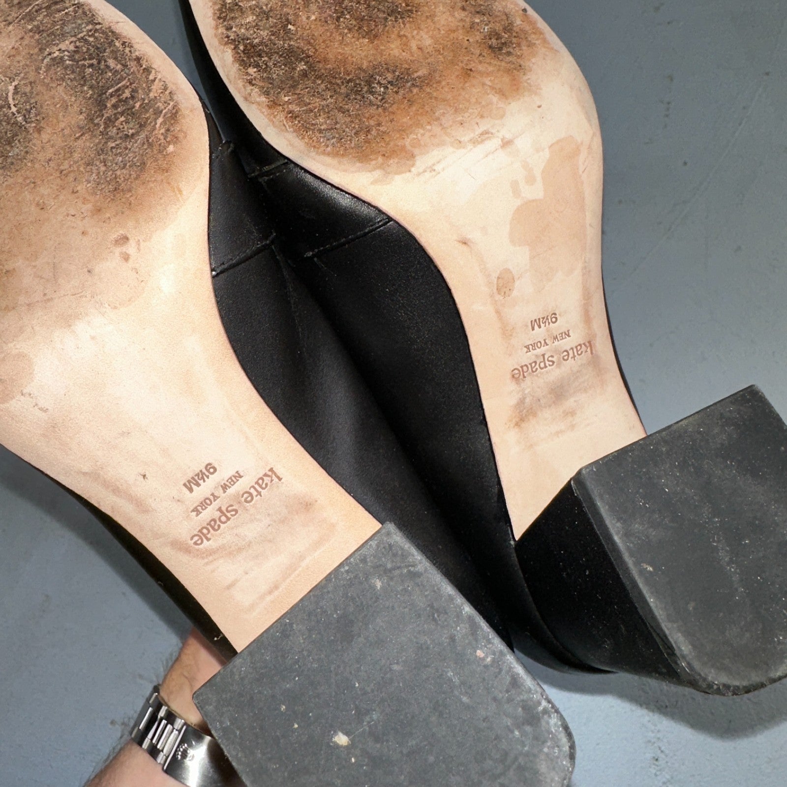 Kate Spade Alia Black Block Heel Pump 9.5 Leather Chunky Silver Tone Buckle